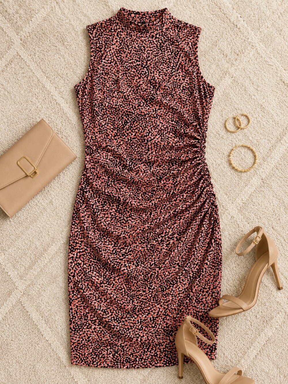 Sleeveless Pink and Black Ruched Bodycon Dress